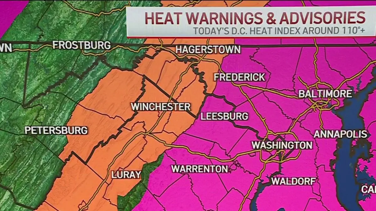 A hot summer skyline in Washington with warning for extreme heat and possible storms